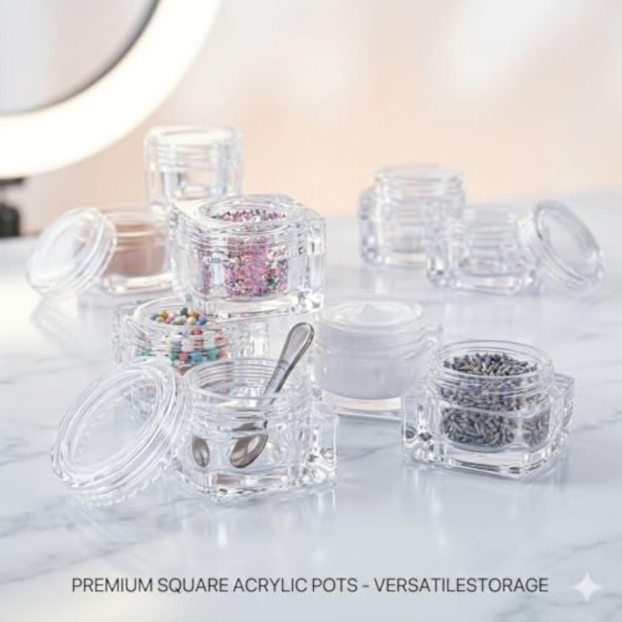 Clear Square Nail Art Storage Jars with Screw Lid, Premium Containers